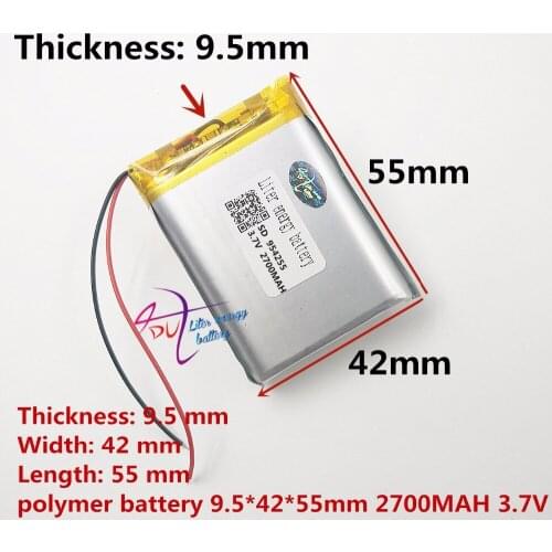 3.7V,2700mAH 954255 polymer lithium ion / Li-ion battery for model aircraft,GPS,mp3,mp4,cell phone,speaker,bluetooth