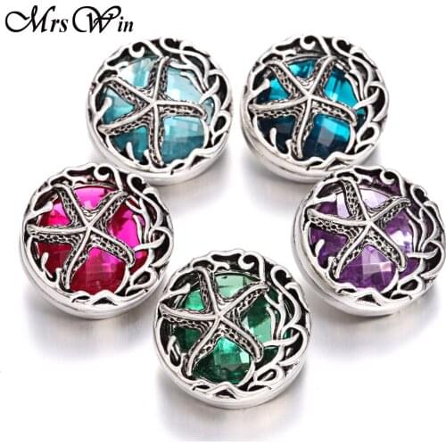 6pcs/lot New Rhinestone Snap Button Jewelry Round Alloy Starfish 18mm Snap Buttons Jewelry Fit Snap Bracelet Necklace