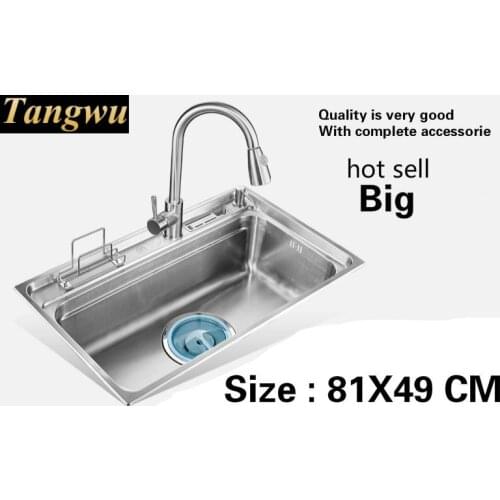Free shipping Household luxury vogue big kitchen single trough sink food grade 304 stainless steel large hot sell 81x49 CM