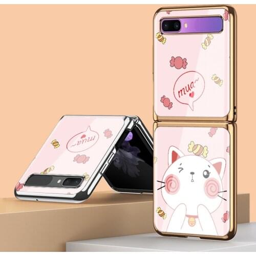 Z Flip 3 Funda Case for Samsung Galaxy Z Flip 3 Z Fold 2 Tempered Glass Shell Plating Cartoon Cat Coque Phone Case Cover Z Flip3
