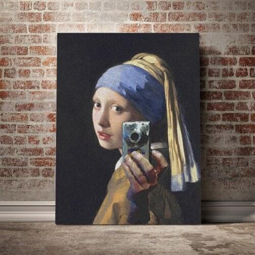 Girl with a pearl earring funny art Framed Wooden Frame Canvas poster Painting wall Art decor room Study Home Decoration Prints