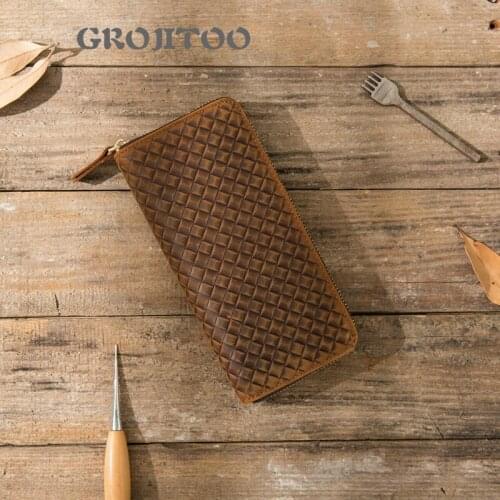 GROJITOO Handmade leather long wallet multi card bag mens handbag leather large capacity zipper mobile phone bag