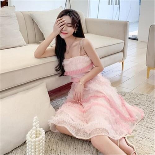 French style fragrant cake dress female summer banquet fluffy temperament small dress fairy suspender dress