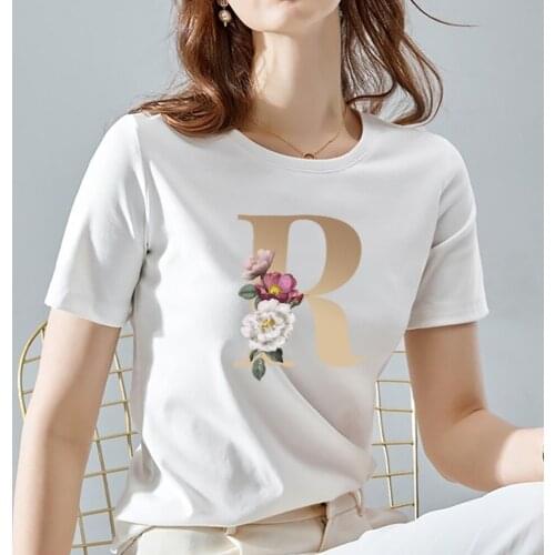 Womens High Quality Printing T-shirt Summer Fashion Flower 26 Alphabet Short Sleeve Casual O-neck Basis Female Tops Tee Clothes