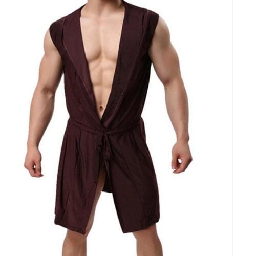 KWAN.Z mens bathrobe ice silk hooded pajamas sexy thin section kimono bathrobe mans gown roupao large size solid Bath robe