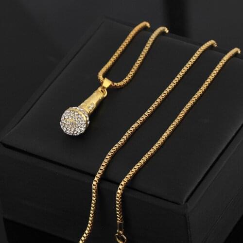 Hip Hop Bling Iced Out Rhinestones Gold Microphone Pendants Necklace for Men Rapper Jewelry Drop Shipping