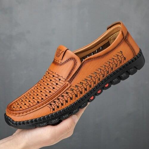Summer Men Casual Shoes Luxury Brand Leather Loafers Fashion Male Moccasins Breathable Slip On Boat Footwear Plus Size 38-44
