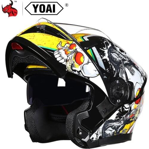 YOAI Helmet Motorcycle Flip Up Motocross Helmets Men Full Face Moto Helmets Motorcycle Capacete Casco Moto With Doublel Lens