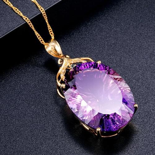 Charm 18k Gold Plated 36CT Amethyst Color Oval Crystal Pendant Necklace Wedding Party Jewelry for Women