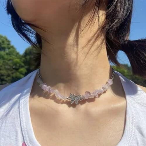 Boho Multi-element Natural Stone Necklaces for Women Rhinestone Butterfly Necklace Vintage Clavicle Chain Necklace Jewelry Gift