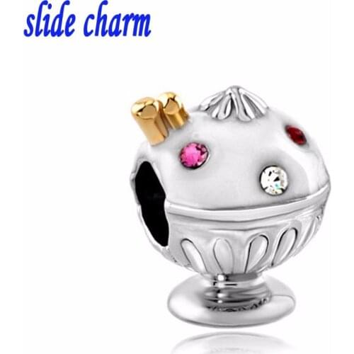 Slide charm Free shipping gold and ice cream beads fit Pandora bracelet necklace Valentines Day gift for Christmas