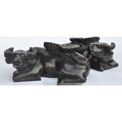 S02793 Chinese bronze fengshui Bat Money Coin Oxen Bull wealth lucky Bovine statue pair