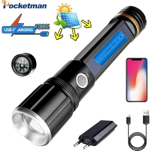 9000lm High Power Solar Charging LED Flashlight USB Rechargeable Torch Waterproof Flashlight Built-in 18650 Battery Hand Light