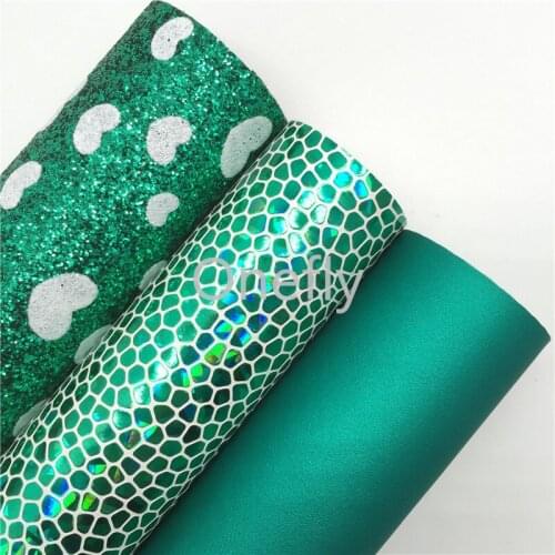 Onefly 21X29CM Hearts Printed Green Glitter Fabric, Faux Leather Glitter Fabric Sheets For Bow DIY handbags shoes AQ065