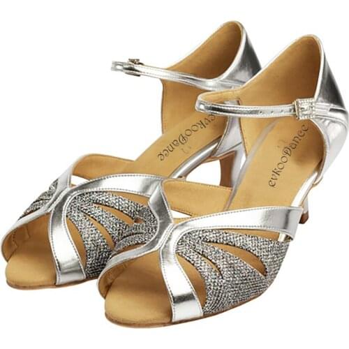 Practice Latin Dance Shoes Women 6cm Silver Latin Salsa Ballroom Tango Dancing Shoes Girls Low Heel Latin Ballroom Party Shoes