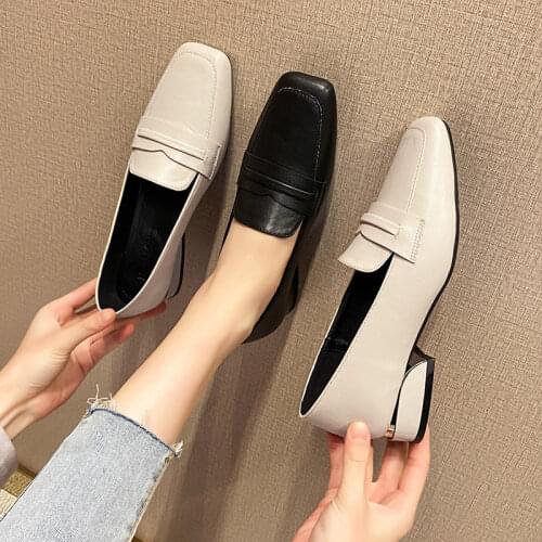 British Square Toe Small Leather Shoes Women One Band Loafers Flats Solid Slip on Thick Heels Derby Shoes Woman Large Size 40-43