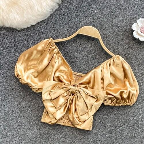 V-neck Short Puff Sleeve Slim-fit Shirt Women 2021 Summer New Korean Style Shirt Western Style Short Belly Button