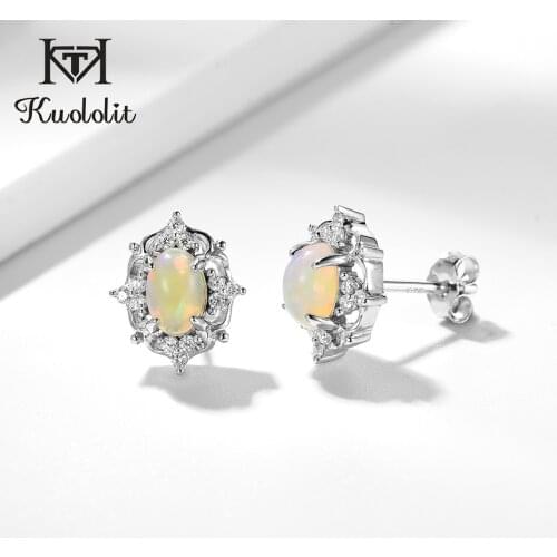 Kuololit Natural Opal Gemstone Stud Earrings For Women 925 Sterling Silver Fire Opal Stone Engagement Wedding Gift Fine jewelry