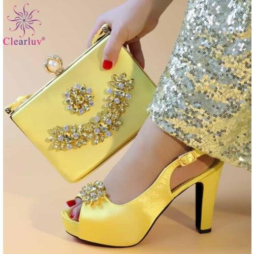 Latest Design Women Italian African Party Pumps Shoes and Bag Set Decorated with Rhinestone Women Shoe and Bag for Nigeria Party