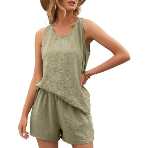 2021 Summer Fashion Women Leisure Outfits 2 Pcs Set Loose Solid Sleeveless O-Neck Tank-Top Shorts Casual Female Set