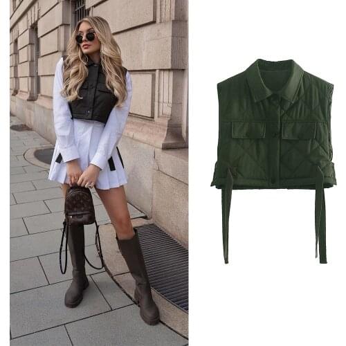 Women Waistcoat Armygreen Streetwear Spring Za Fashion 2021 Women Jackets Sleeveless Bow Pockets Outwear Mujer Chic Coats