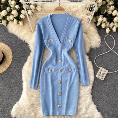 SINGREINY Women Knitted Pencil Dress Korean Long Sleeve V Neck Elastic Slim Dress Autumn Winter Sexy Bodycon Warm Sweater Dress