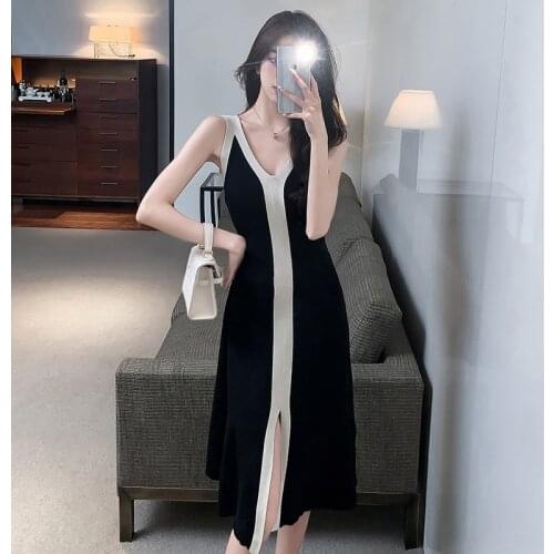 Real Shot 2021 Summer New Hit Color V-Neck Split Long Sling Knitted Dress Women