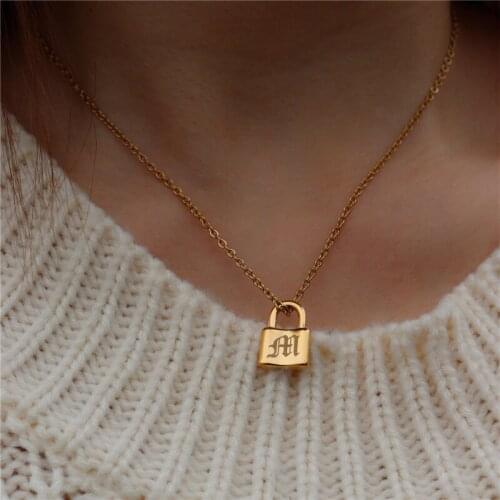 10pcs/lot Alphabet Choker A-Z Letter Pendant Ncklace Stainless Steel Jewelry Gold Ketting Padlock Initial Necklaces Lock Charm