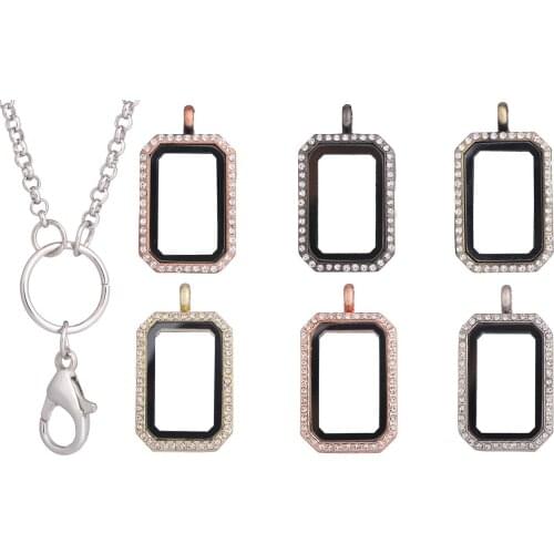 10pcs/lot Alloy rectangle Crystal Memory Glass Living Floating Locket for Floating charms Pendant Necklace With Free Chains