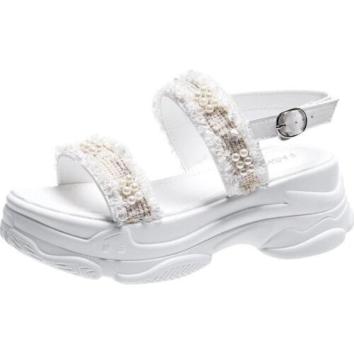 2020 Summer High Heeled Sandals Female Women Thick Bottom Shoes Pearl Wedge with Open Toe Platform Womens Sandals