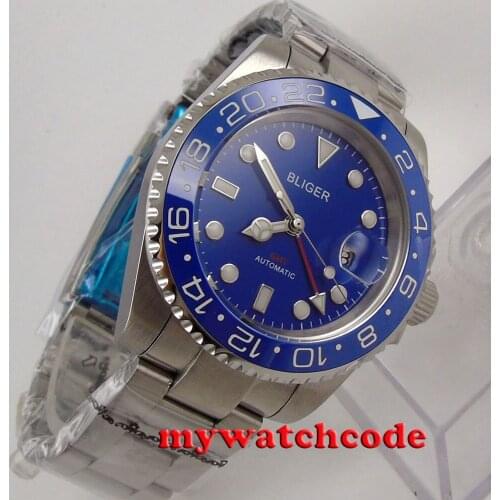 40mm Bliger blue dial luminous marks GMT date sapphire glass automatic mens watch B181
