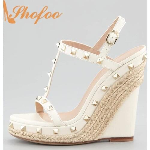 Beige High Wedges Heels Platform Sandals Woman Espadrilles Buckle Strap Large Size 12 15 Ladies Summer Sexy Rivets Shoes Shofoo