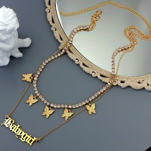 JUST FEEL Statement Babygirl letters Pendant Necklace Women Gold Silver Color Multilayer Butterfly Crystal Chain Fashion Jewelry
