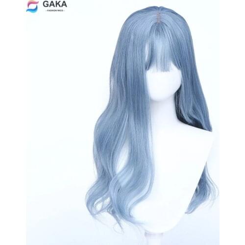GAKA Long Curly Synthetic Hair Mixed Haze Blue Wigs for Women Cosplay Wig with Bangs