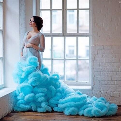 Blue Ruffles Sleepwear Robe Lingerie Kimono Women Wedding Bridal Dressing Bathrobe Pregnant Lady Photo Gowns