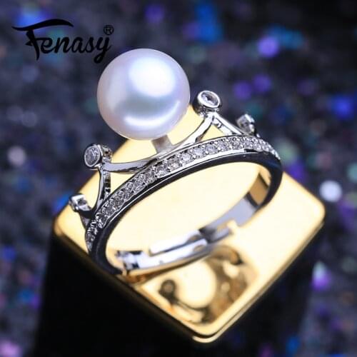 FENASY Natural Freshwater Pearl Rings New Fashion Trendy Crown Shape Zircon Party Silver Adjustable Rings For Women