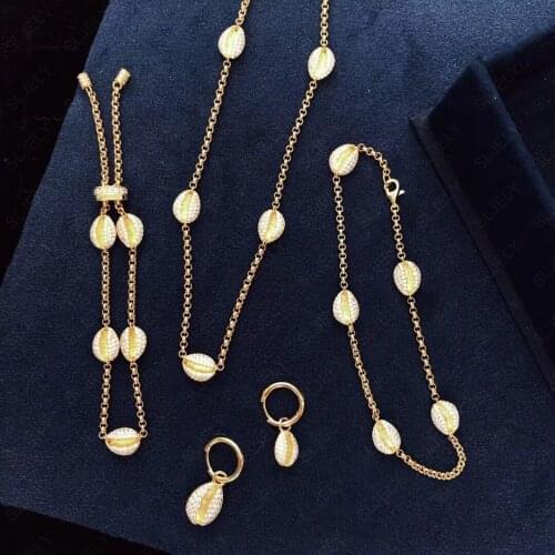 SLJELY 925 Sterling Silver Zircon Yellow Gold Color Toi Et Moi Conch Seashell Necklace Earring Bracelet Anklet Women Jewelry Set