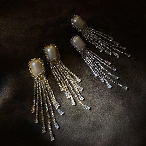 Korean Style Elegant Pearl Shining Rhinestone Tassel Long Dangle Earrings For Women Vintage Temperament Fashion Jewelry