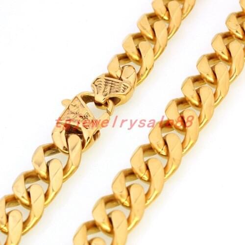 Hot Sale 15mm Wide Popular Stainless Steel Curb Cuban Link Chain Necklace Or Bracelet Cool Mens Gold Color Jewelry 7-40" Choose