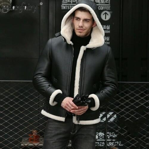 Mens Winter Genuine Leather Jacket Real Fur Coat Men Sheep Shearling Natural Fur Sheepskin Coats Hooded Plus Size Aviator Jacket