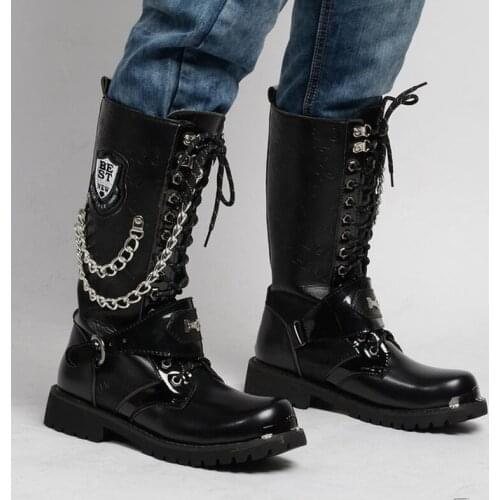 Mens Leather Motorcycle Boots Mid-calf Military Combat Boots Gothic Belt Punk Boots Mens Shoes Tactical Military Boots