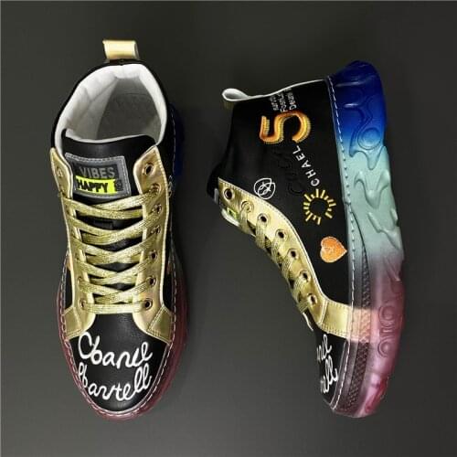 2021 Luxury Designer NEW Men Fashion Graffiti Printing Causal Flat Platform High-top Prom Shoes Moccasins Rock Loafers for Man