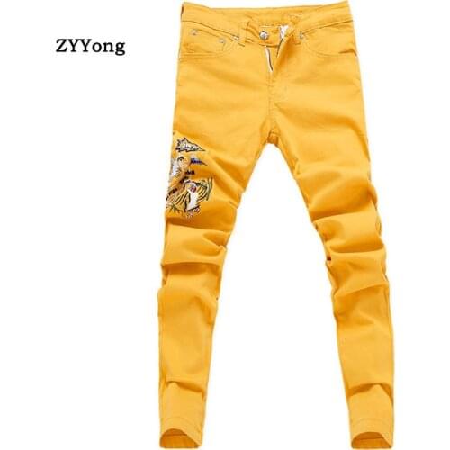 2020 New Embroidered Denim Jeans Men Pants Arrival Fashion Skinny Classic Distressed Slim Pink Yellow Green Cowboy Trousers