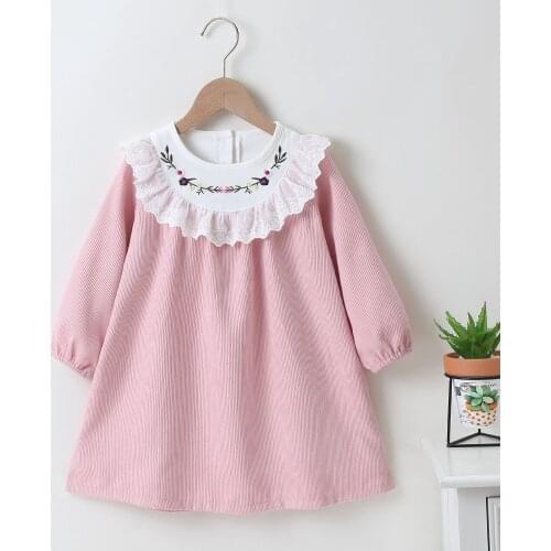 Autumn Winter 2020 New Girls Dress Long Sleeve Peter Pan Collar Embroidered Flowers Pink Cute Sweet Girls Baby Vestidos 2-6T