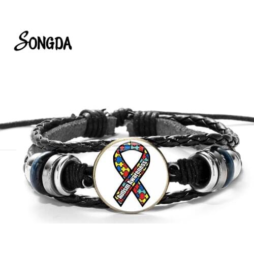 Puzzle Piece Autism Awareness Bracelet Jigsaw Ribbon Glass Picture Woven Leather Survival Bracelets Love Hopeful Jewelry