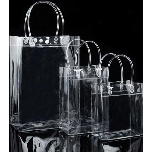10pcs PVC plastic gift bags with handle plastic wine packaging bags clear handbag party favors bag Fashion PP Bags With Button