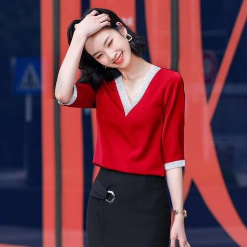 Plus Size 5XL Fashion V-neck Half Sleeve Blouses Shirts for Women OL Styles Business Work Wear Ladies Office Blouse Clothes Tops