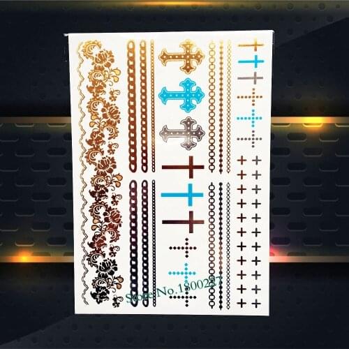 Sexy Body Art Flash Gold Metallic Tattoo Crucifix Cross Flower Bracelet Design Waterproof Henna Temporary Tattoo Sticker PYH-035