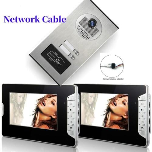 Network cable connection 7" Color LCD Video Door Phone Intercom System 2 Monitors + RFID Access Outdoor Camera For 2 Apartment