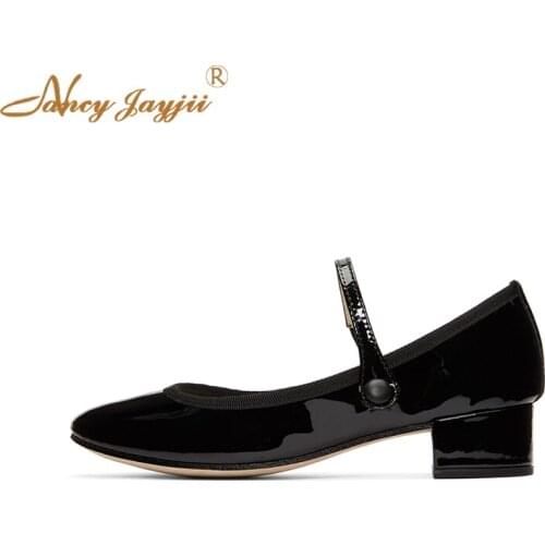 Black Square Heel Casual Spring Classics Work Pointed Toe Buckle Strap Patent Leather Shallow Work Outside Concise 2019